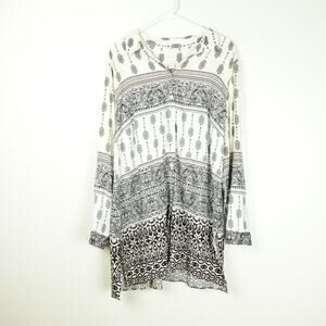 Chicos Damask Tunic Blouse SZ 3 US XL Paisley Floral Flowy Boho Coastal Grandma